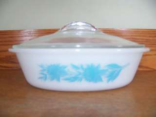   GLASBAKE covered small casserole dish blue white lid top bakeware HTF