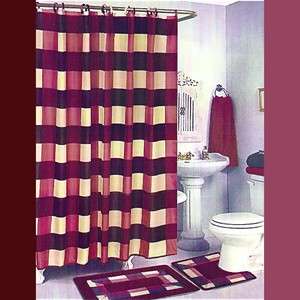 BURGUNDY BATH SET 2 Bath Mat/Rugs+Fabric Shower Curtain+Fabric 