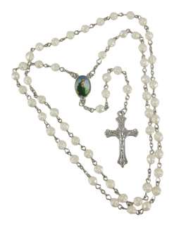 Pearl White Rose Bead Rosary Necklace Crucifix Catholic  