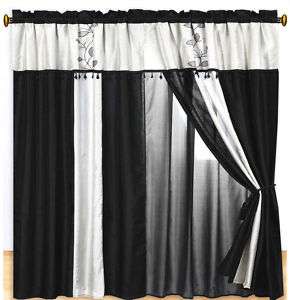 8PC Faux Silk Embroidery Black / Beige Curtain Set  