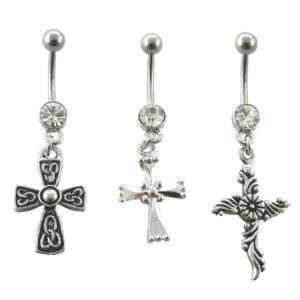 Navel Belly Button Rings   set of 3 Cross Dangle  