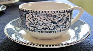 Currier & Ives Dishes by Royal, Blue & White, Coffee Cups & Saucers 