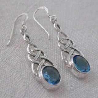 Sterling Blue Topaz Celtic Braided Knot Dangle Earrings  
