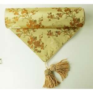  Table Runner   Gold with Classic Chinese Cherry Blossom and Bamboo 