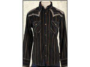   Patch Striped Western Style Mens Long Sleeve Button Up Dress Shirt