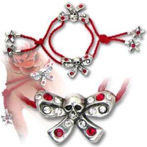  Bow Belles Cord and Pewter Bow Bracelet with Skull   6 to 