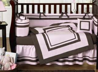 MODERN PINK AND BROWN BABY BEDDING 9pc CRIB SET FOR NEWBORN GIRL BY 