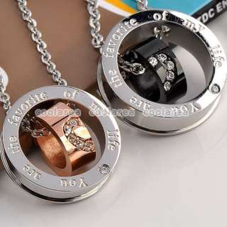 Couple Cubic Zirconia Ring Pendant Stainless Steel Necklace For Lover 