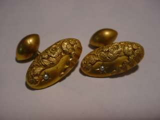 VICTORIAN GOLD SEED PEARL ENGRAVED CUFFLINK JEWELRY  
