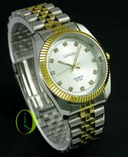 Classic Mens Wrist Watch Quartz Diamonds Gold&Silver Stainless Steel 