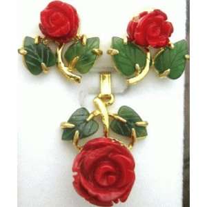  Red Coral Carved Rose Beads Pendant and Earrings 