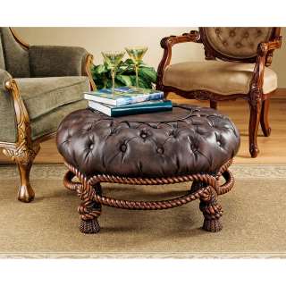 Button Tufted Faux Leather Rope Design Elegant Cocktail Ottoman 