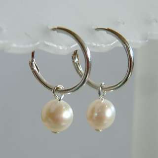 Freshwater Pearl~ Bridal Sterling Silver HOOP Earrings  