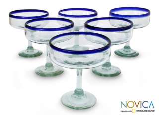   Cobalt Blue Rim Hand Blown Margarita Glasses by Novica Mexico  