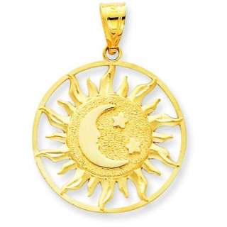 14K YELLOW GOLD DIAMOND CUT SUN WITH MOON AND TWO STARS IN CIRCLE 