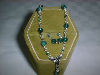 Green Rhinestone Orchid Flower Bead Y Necklace Earring  