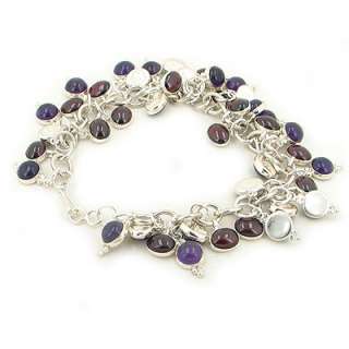 43 Amethyst Garnet Charm Sterling Silver Link Bracelet  