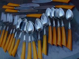 vintage modern flatware 25 pcs VOOS STAINLESS Butterscotch Bakelite 