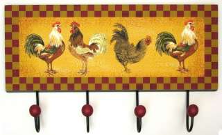 Rooster Wood Wall Plaque Coat Hat Hook Rack Checkerboard Border Decor 