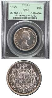 1953 CANADA 50 cent; LD NO SS PCGS SP 65  