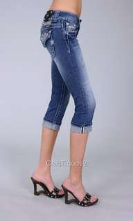   Me Jeans Capris Pewter Stud Crystal Wave Denim Cuff Crop Pant JP6092P