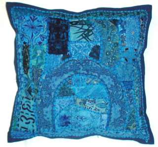 Banjara Saree Sari Patchwork Cushion Cover 16x16 Blue  