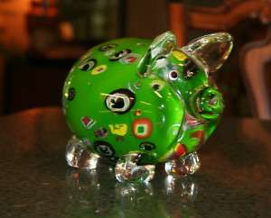 Cute Bright Green MURANO Style Art Glass Pig Figurine  