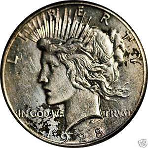 1928 $1 Silver Peace Dollar AU   AU+ Cleaned ok Key  