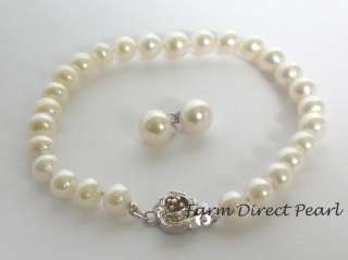Genuine 7mm White Pearl Necklace Earrings Bracelet SET  