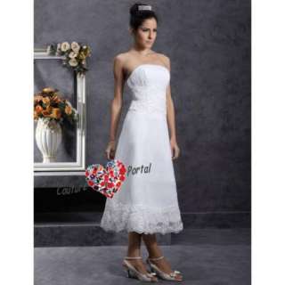 line Strapless Tea length Organza Lace Wedding Dress  