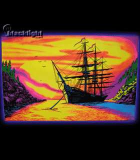 Sunset Bay Ship Blacklight Reactive Velvet Poster  