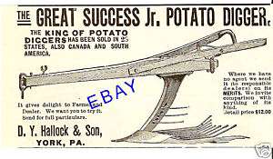 1893 GREAT SUCCESS JR. POTATO DIGGER AD HALLOCK YORK PA  