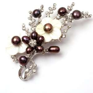  black pearl white gold plated flower brooch pin 40x70mm 