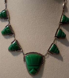 Vtg Deco Mexican Silver Chrysoprase Mask Necklace Set  