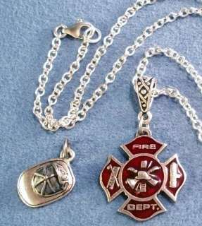   Fireman Red Badge Pewter Pendant Sterling Silver Necklace Chain  