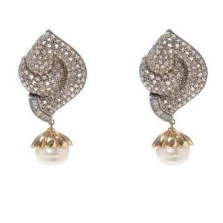 NATURAL PAVE DIAMOND PEARL EARRING 18KT SOLID GOLD DANGLE FINE VINTAGE 