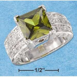   9MM SQUARE OLIVE CUBIC ZIRCONIA RING WITH 3 ROW PARTIAL PAVE SHANK