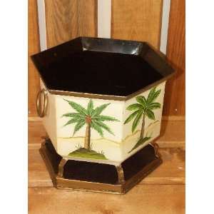 Hexagon White Trash Bin with Palm Tree Design and Handles  