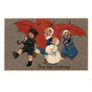   Little Kids with Umbrellas Premium Poster Print, 12x16